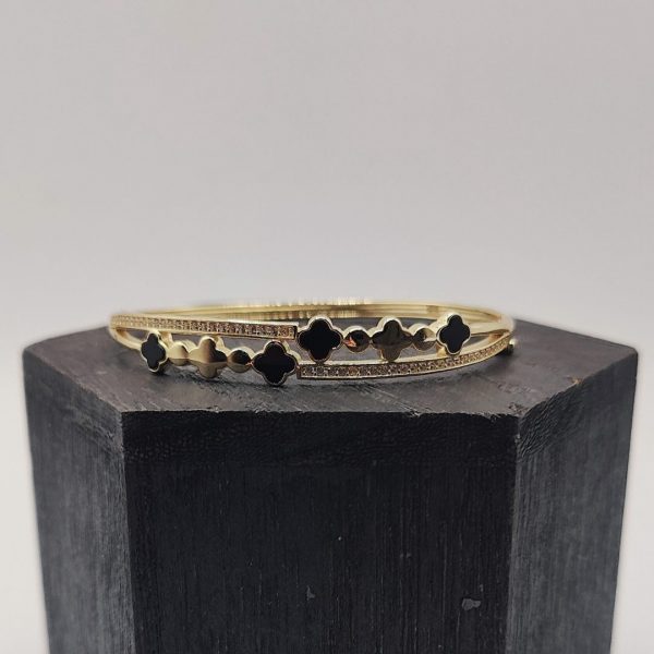 Brazalete Estilo Van Cleef con Circonitas y Onix en Plata Dorada
