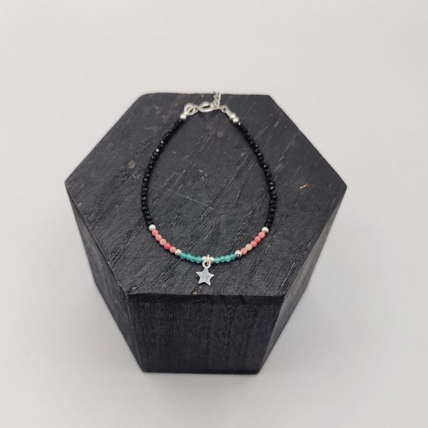Pulsera de Plata con Bolitas Negras, Azules y Rosas y Estrella Colgante