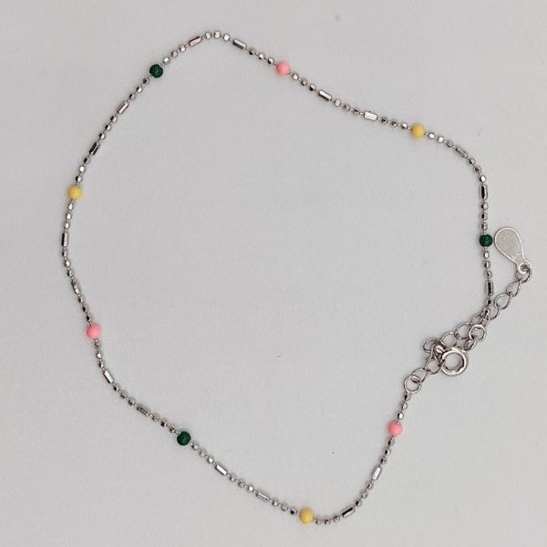 Tobillera de Plata con Barritas y Bolitas Esmaltadas de Colores