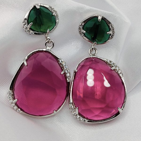 Pendientes colgantes de plata con circonitas verdes y rosas