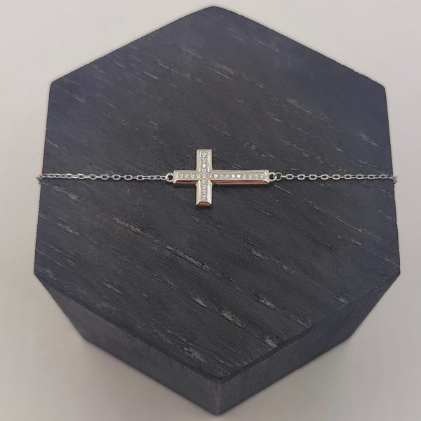 Pulsera de Plata con Cruz de Circonitas y Cadena Rolo