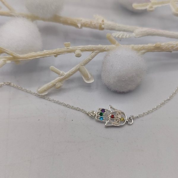 Pulsera de Plata con Mano de Fátima y Circonitas de Colores