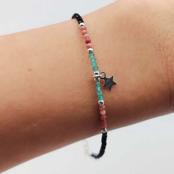 Pulsera de Plata con Bolitas Negras, Azules y Rosas y Estrella Colgante