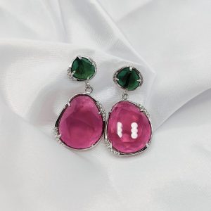 Pendientes colgantes de plata con circonitas verdes y rosas