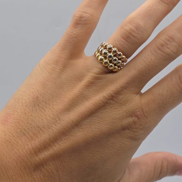 Anillo con 3 Filas de Bolitas en Oro Blanco, Oro Rosa y Oro Dorado de 18K