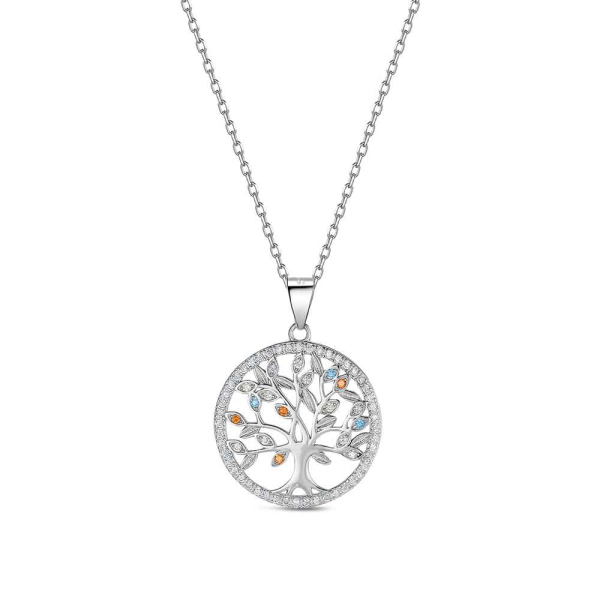 Colgante con cadena de plata rodiado árbol de la vida circonitas multicolor 20 mm 38+5 cm