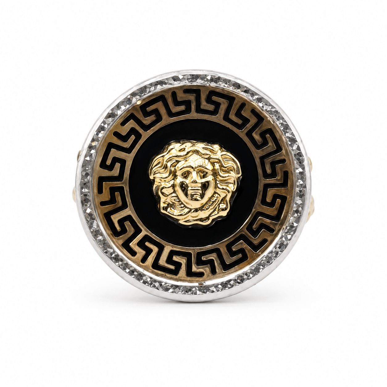 Anillo Sello Redondo Fino con Esmalte Negro y Circonitas 18K