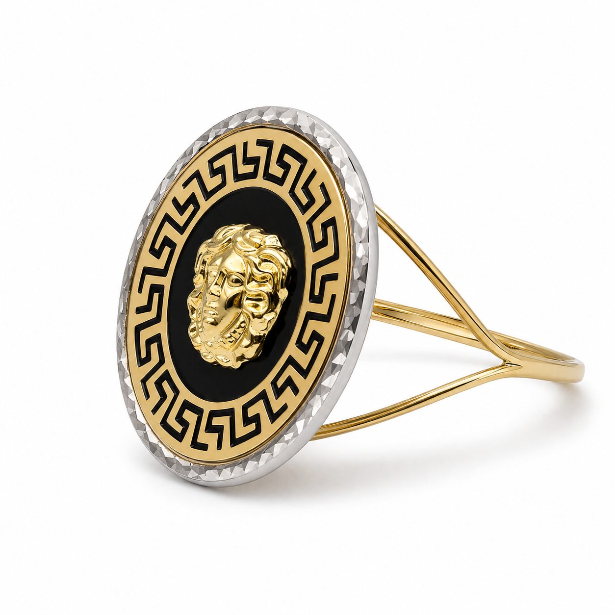 Anillo Sello Redondo Fino con Esmalte Negro y Circonitas 18K