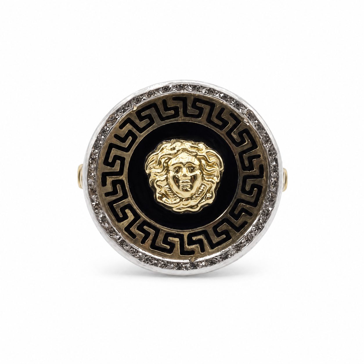 Anillo Sello Redondo Fino con Esmalte Negro y Circonitas 18K