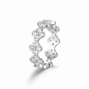 Anillo de plata rodiado tréboles de circonita