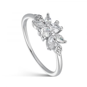 Anillo de plata rodiada y circonita hojas con garras