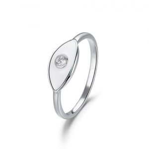Anillo de plata rodiado ojo esmaltado blanco con circonita de 12 mm