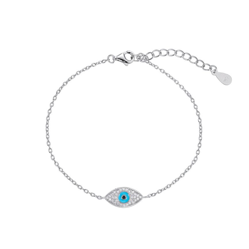 Pulsera de plata rodiada cadena forzada con ojo de circonita de 15 mm 17 + 3 cm