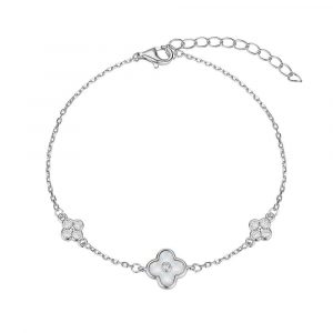 Pulsera de plata rodiada trébol con circonitas y nacar 17 + 3 cm