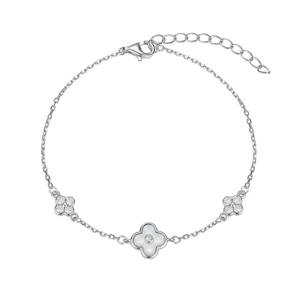 Pulsera de plata rodiada trébol con circonitas y nacar 17 + 3 cm