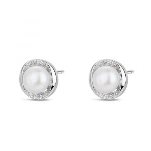 Pendiente de plata rodiado con circonitas y perla natural 6 mm cierre presión