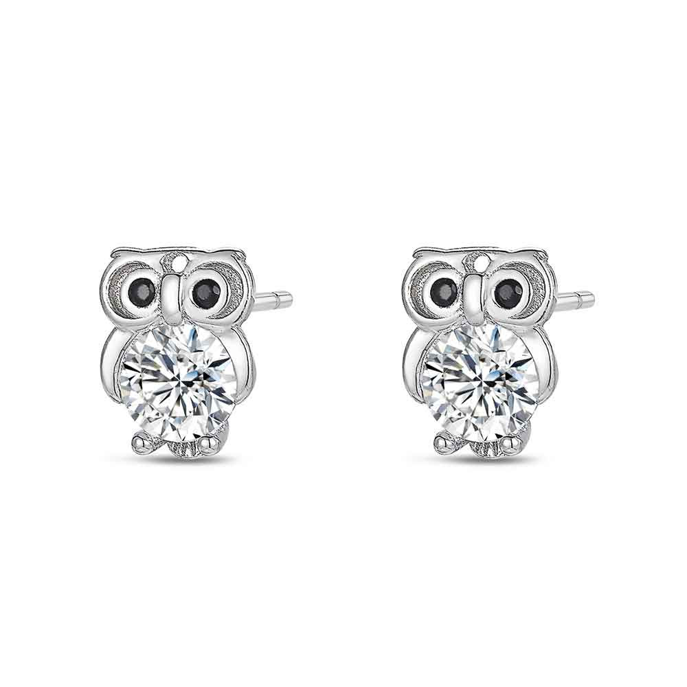 Pendiente de plata rodiado búho con circonita 8 mm cierre presión