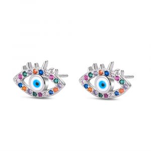 Pendiente de plata rodiado ojo con piedras multicolor de 10 mm cierre presión