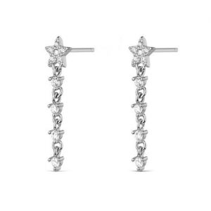 Pendiente de plata rodiado estrella de circonita de 6 mm con circonitas colgando