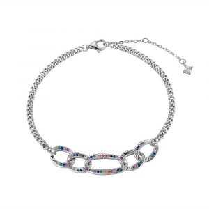 Pulsera de plata rodiada cadena y eslabones 2 x 1 circonita multicolor 17 + 3 cm