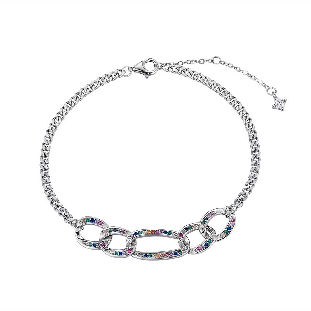Pulsera de plata rodiada cadena y eslabones 2 x 1 circonita multicolor 17 + 3 cm
