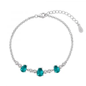 Pulsera de plata rodiado chatones con gotas de color aguamarina de 17 + 3 cm