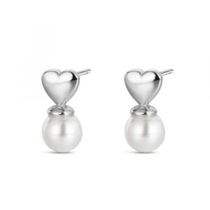 Pendiente de plata rodiado corazón con perla con cierre presión