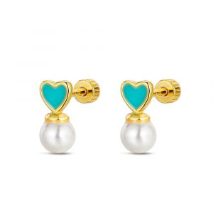 Pendiente de bebé plata chapado corazón esmaltado y perla con cierre de rosca