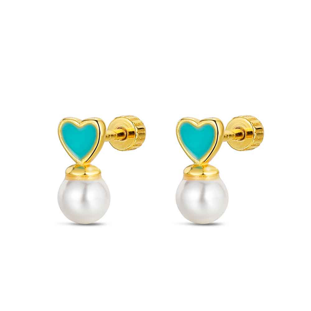 Pendiente de bebé plata chapado corazón esmaltado y perla con cierre de rosca