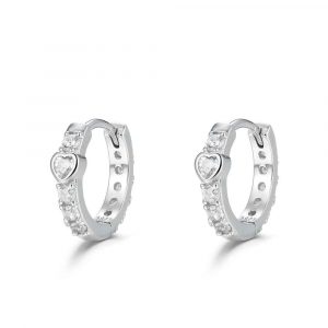 Pendiente de plata rodiado aro con corazón y circonitas 14 mm