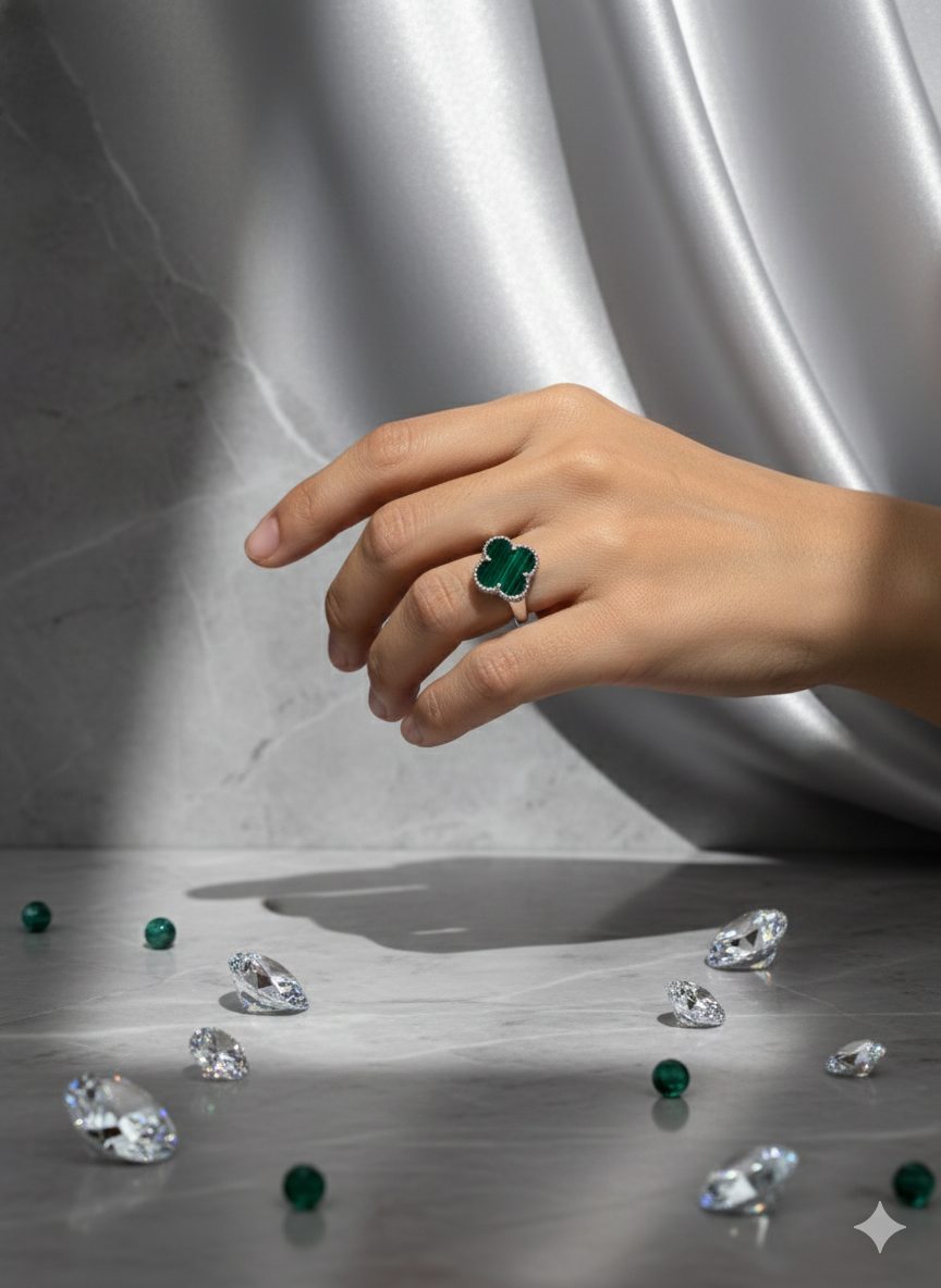 Anillo de Plata Estilo Van Cleef con Piedra Malaquita T: 14