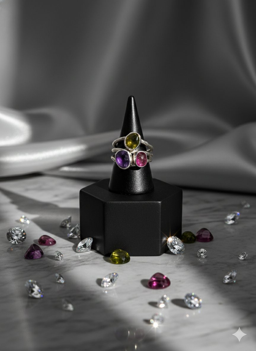 Anillo triple en cada linea una piedra diferente