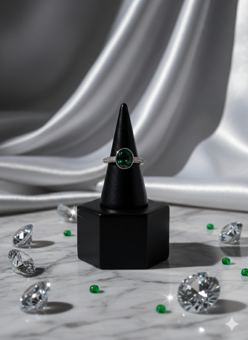 Anillo de Plata con Circonita Verde Central y Circonitas Blancas