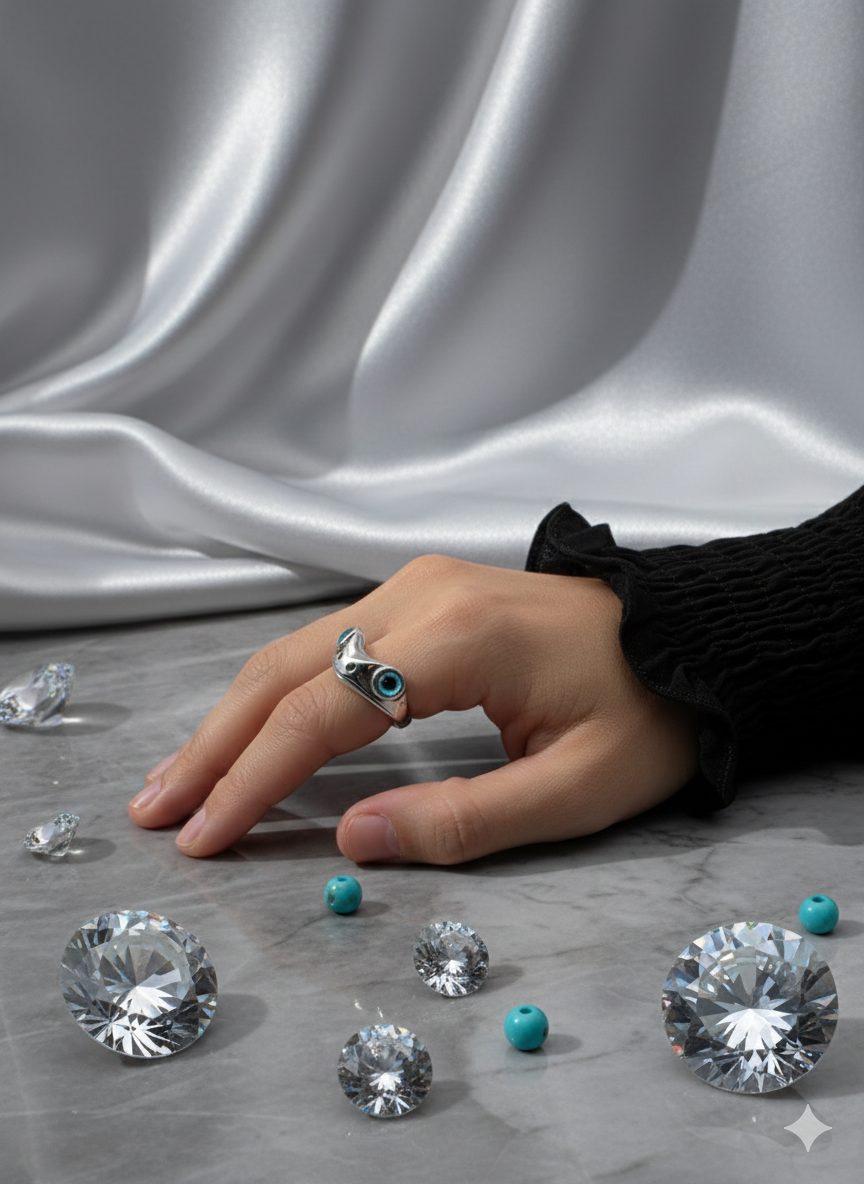 Anillo de Plata Rana con Ojos Azules de Efecto Óptico