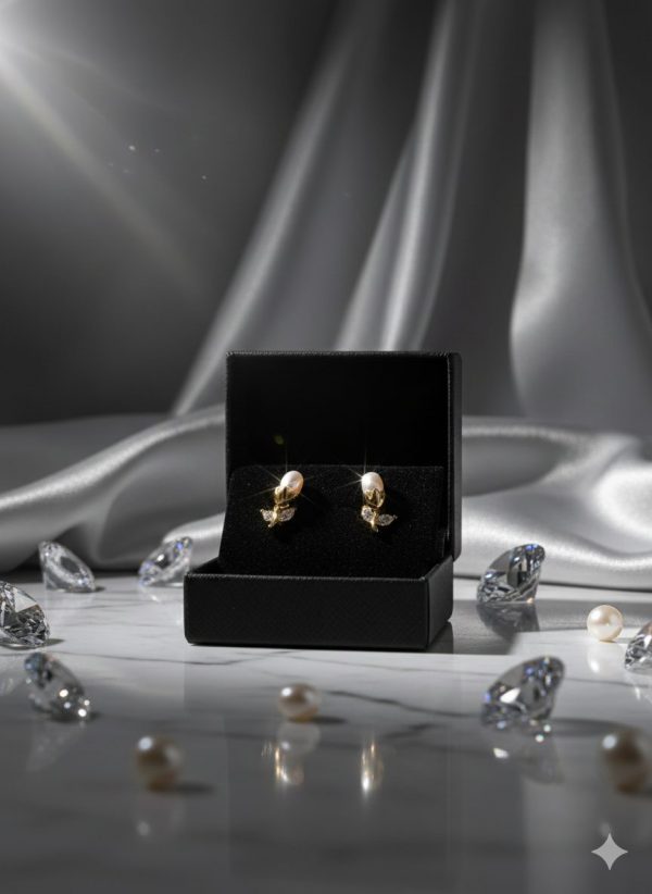 Pendiente de plata bañada en oro tulipán con perla y circonitas y cierre a presión