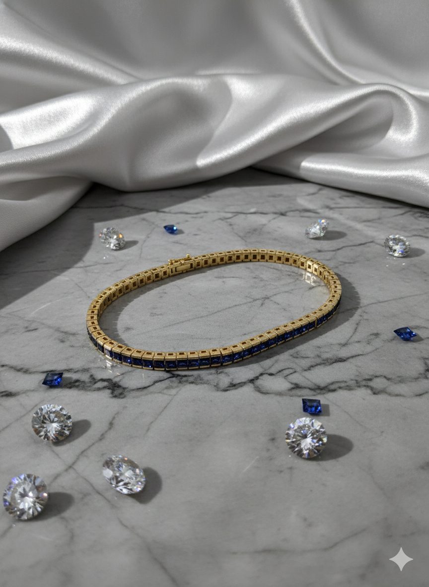 Pulsera Riviera cuadrada de plata dorada con circonitas azules y cierre de cajón