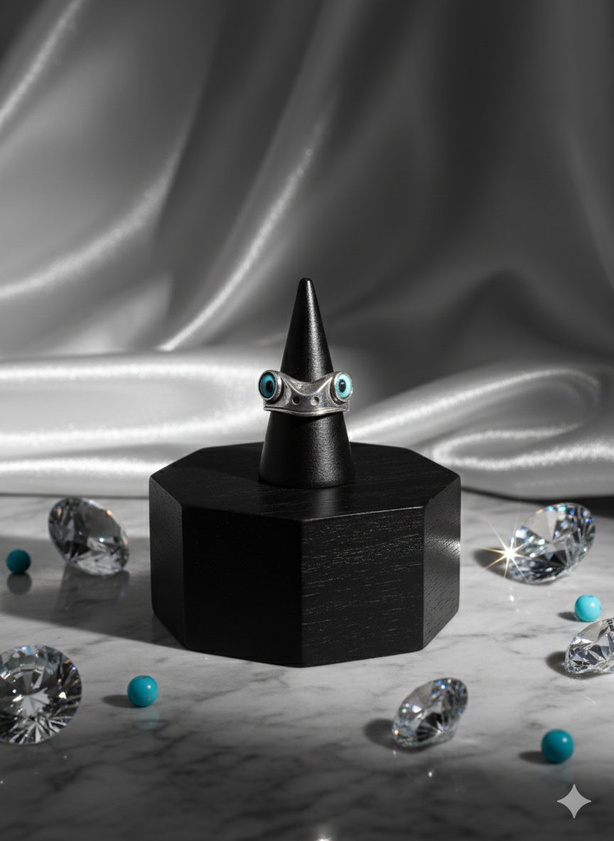 Anillo de Plata Rana con Ojos Azules de Efecto Óptico