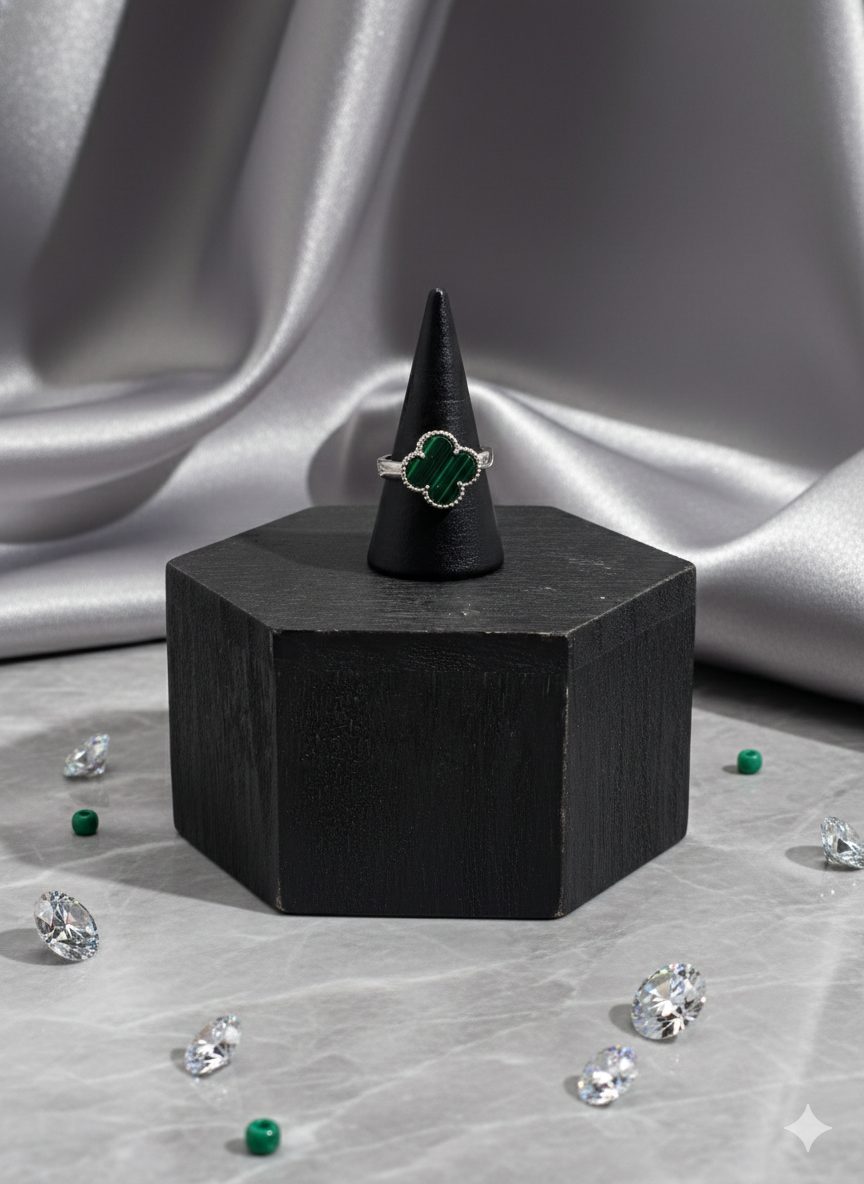 Anillo de Plata Estilo Van Cleef con Piedra Malaquita T: 14