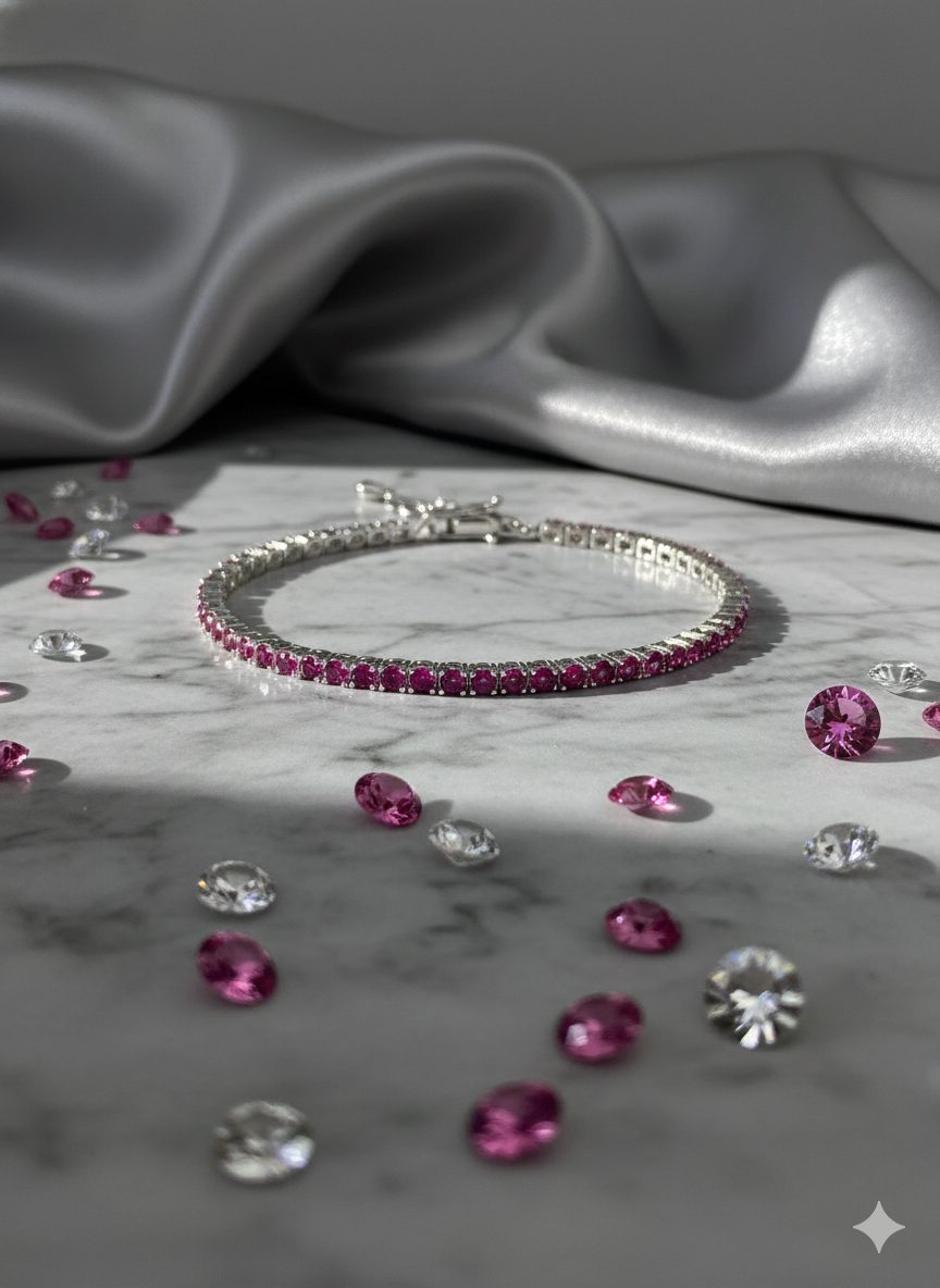 Pulsera Riviera de plata con circonitas fucsias y cierre de cajón