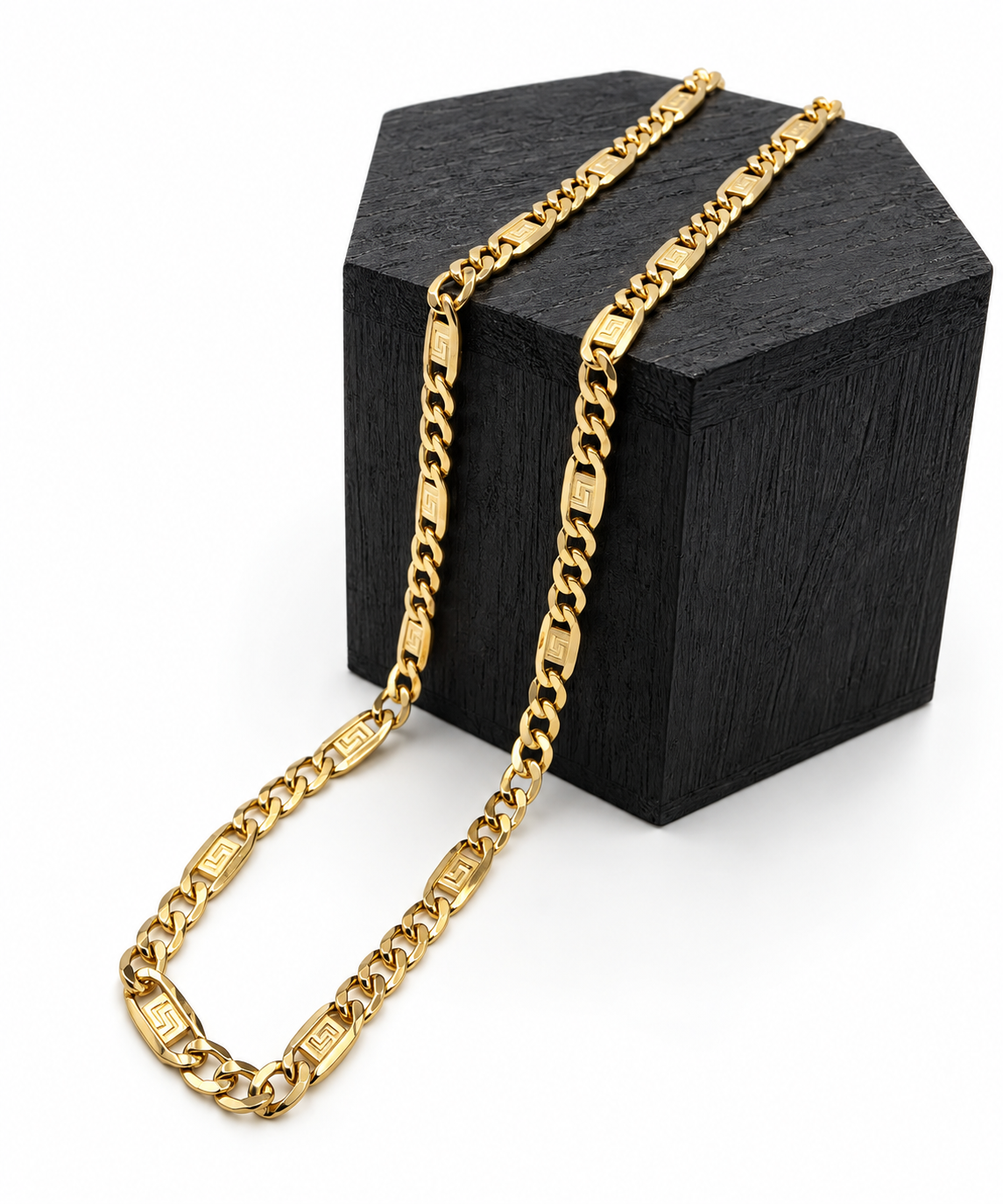 Cadena Fígaro con Eslabones Estilo Versace de Oro 18K – 62 cm