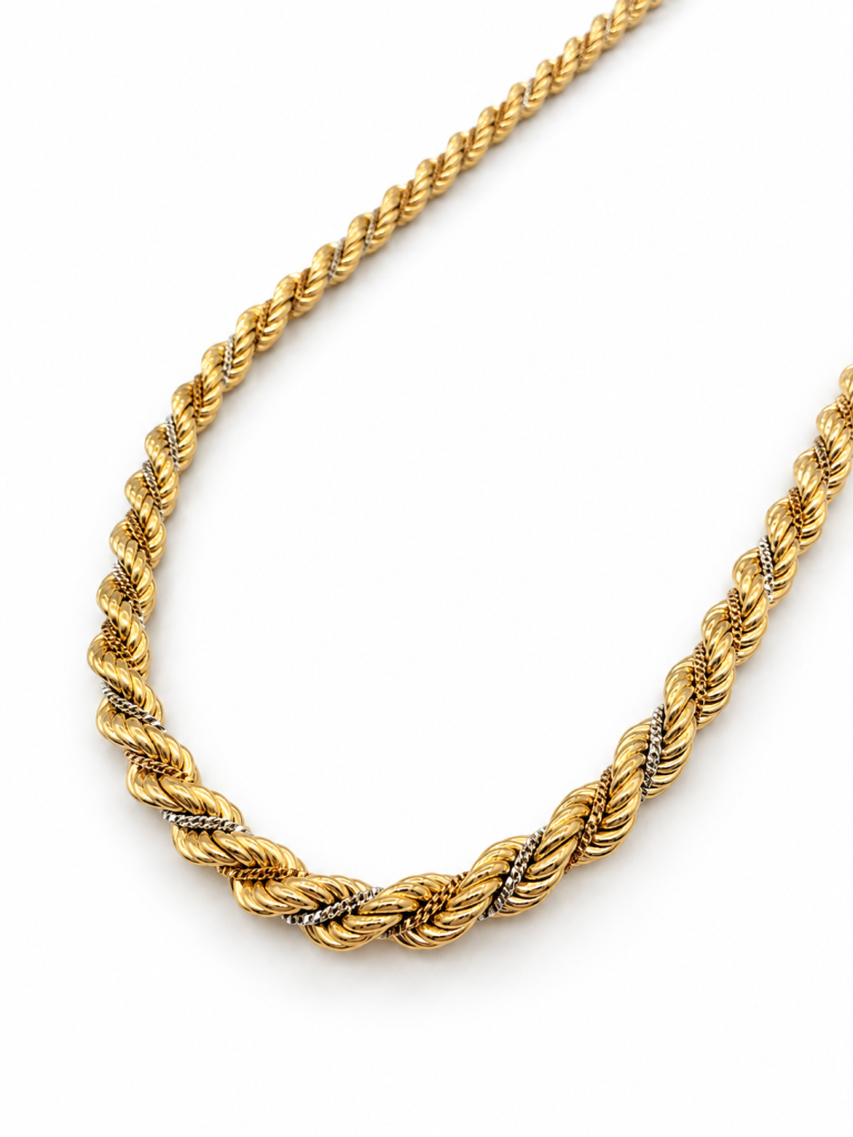 Cadena Cordón de Oro 18K Bicolor – Diseño Trenzado con Oro Rosa y Oro Blanco