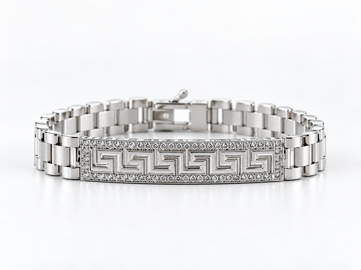 Pulsera de Plata Estilo Reloj con Circonitas y Cenefa Inspiración Versace