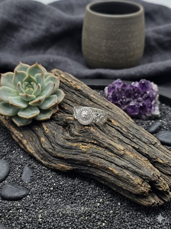 Anillo de Plata Estilo Reloj con Circonitas y Cabeza Medusa – Inspiración Versace (Talla 23)