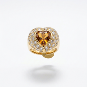 Anillo Abombado Corazón con Diamantes y Ámbar Naranja | Talla 17 | Oro 18K