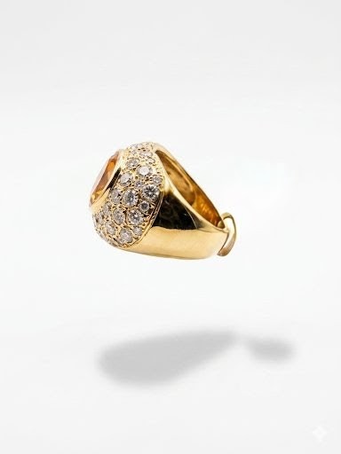 Anillo Abombado Corazón con Diamantes y Ámbar Naranja | Talla 17 | Oro 18K