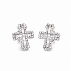 Pendientes Cruz de Plata con Circonitas Baguette y Circonitas Redondas