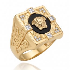 Anillo Sello Cuadrado Grande Estilo Versace en Oro 18K con Circonitas y Esmaltado | Talla 30