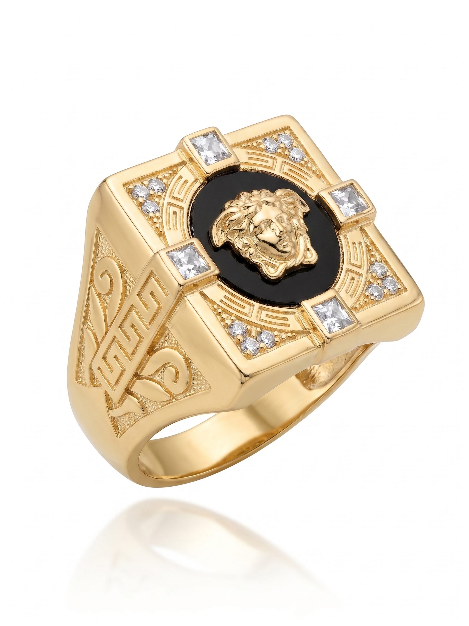 Anillo Sello Cuadrado Grande Estilo Versace en Oro 18K con Circonitas y Esmaltado | Talla 30