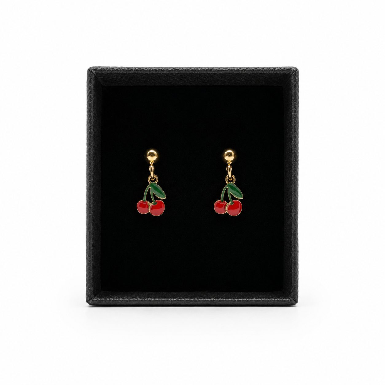 Pendientes de Plata Chapada en Oro con Cerezas Colgantes Esmaltadas