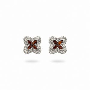 Pendientes de Plata con Diseño Floral de Cuatro Puntas y Circonitas Naranjas